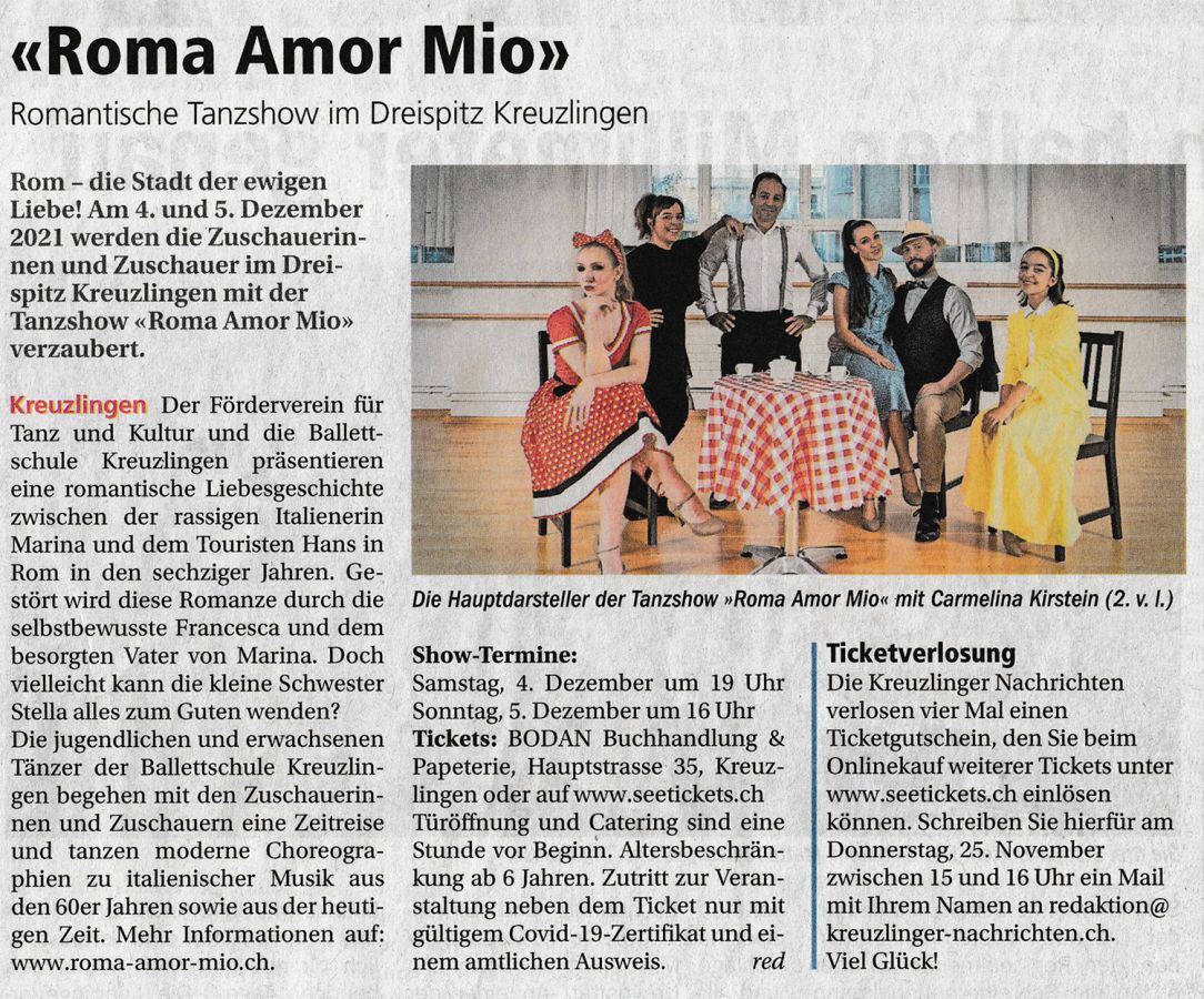 Artikel zu unserer Tanzshow »Roma Amor Mio« in den Kreuzlinger Nachrichten vom 25.11.2021